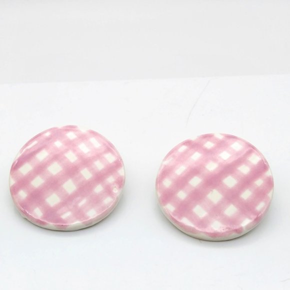 Vintage Pink and White Porcelain Earrings, Post Stud Large Circles - Picture 2 of 5